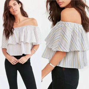 Kimchi Blue Raquel Ruffle Stripe Off Shoulder Top Size S Blue Yellow 5004